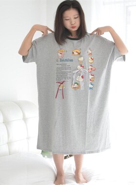 200斤加肥加大码圆领rT恤卡通猫咪睡裙女夏季短袖纯棉休闲家居睡