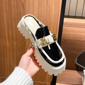 外穿包头网纱凉拖鞋 女厚底2024春夏真皮松糕无后T跟单鞋 拼色半拖