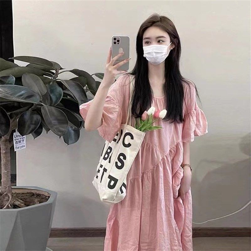 时尚韩版圆领纯色长款夏季孕妇装哺乳连衣裙外出大码产后喂奶衣服