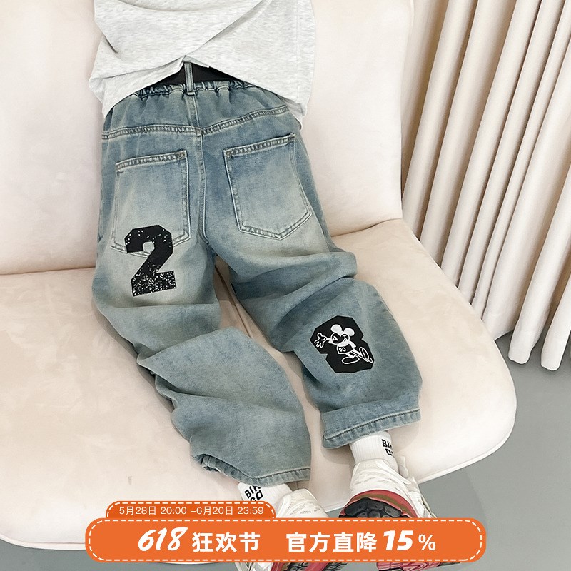 儿童牛仔裤男童春秋款2025新款童装卡通简约百搭长裤青少年老爹裤