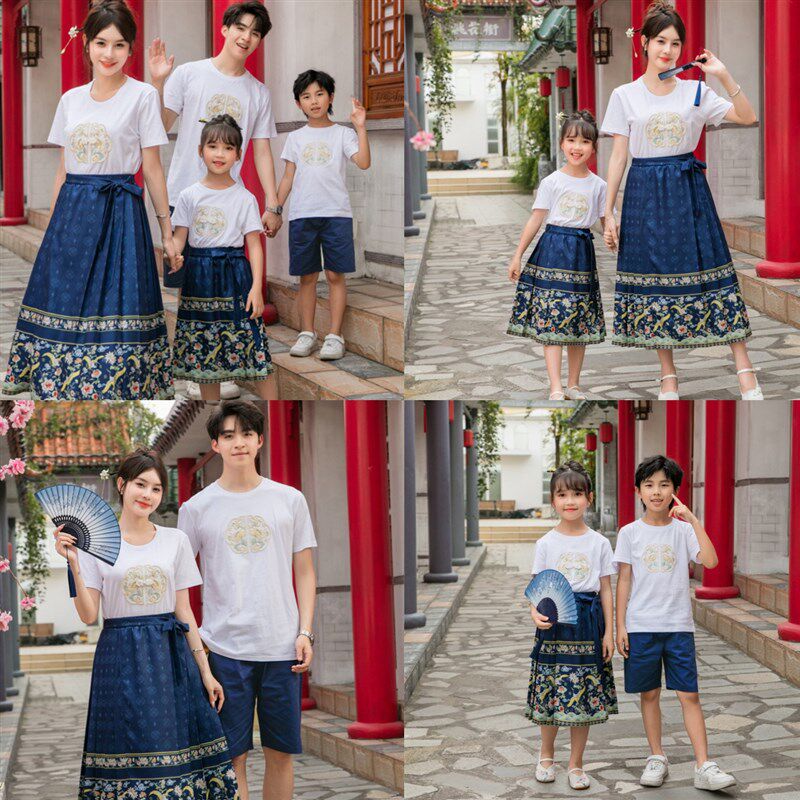 亲子装母女马面裙2024新款夏装刺绣新中式汉服唐装国风连衣裙套装