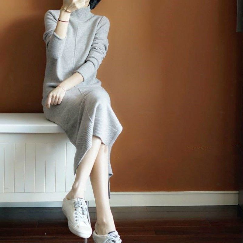 上身效果好的一塌糊涂~羊绒衫女中长款半高领毛衣连衣裙过膝宽松