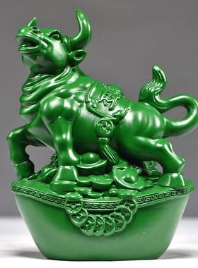 绿色木雕牛摆件实木牛气冲天生肖牛家居客厅办公室装饰送礼红木品