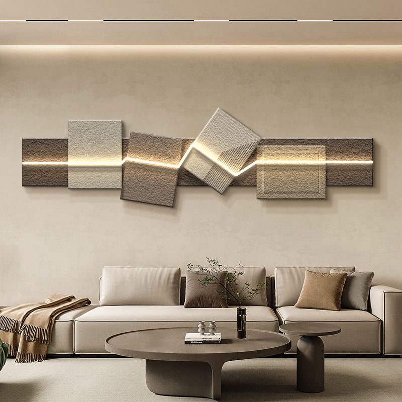 侘寂风客厅装饰画抽象意式极简沙发背景墙挂画立体砂岩床头壁画灯