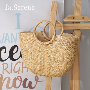藤编沙滩包夏天女包包 月亮包 纯手工时尚 小清新黄草包草编包