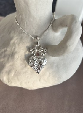 小众复古立体雕花心形项链银热桃心轻奢戒指日常百搭高级感颈链