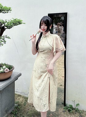 31368新中式国风素雅荷叶袖改良长款旗袍少女绿色优雅大码连衣裙