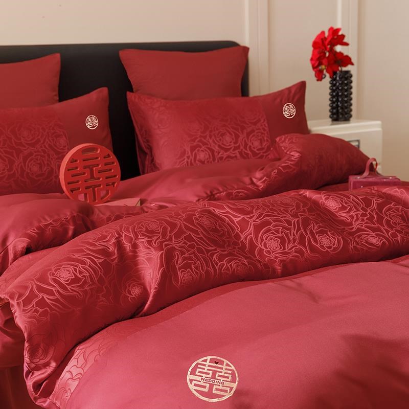 中式喜字结婚四件套大红色床单玫瑰提花被套婚庆婚房喜被床上用品