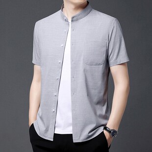 男士 衬衫 立领棉麻中山领上衣休闲韩版 男式 衬衣 夏季 无领中山装 短袖