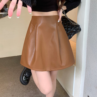 pu皮裙半身裙女秋季大码高腰A字花苞裙法式复古遮胯蓬蓬短裙伞裙