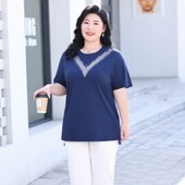 T恤衫 Q胖妈妈时尚 时尚 休闲百搭洋气短袖 圆领纯棉上衣女加大码 夏装