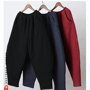 男复古文艺棉麻居士长裤 宽松型纯色保暖棉裤 加厚夹棉阔腿大码 冬季