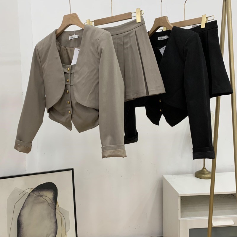 韩版开衫短款外套搭修身显瘦吊带背心百褶短裙三件套 C#2