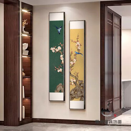 喜上枝头入户玄关装饰画新中式窄长条挂画花鸟走廊过道墙壁画竖版