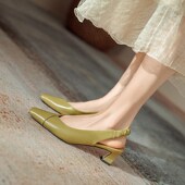 女单鞋 鹿与奈良真皮气质淑女新中式 方头中粗跟包头后空T凉鞋 春夏