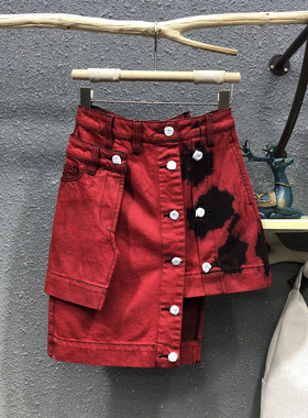 双重染色不规则牛仔半身裙女2021夏季新款高腰显瘦单排扣包臀短裙