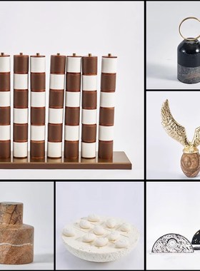 实木皮革棋盘金属绿植大理石摆件样板间客厅酒店民宿装饰品摆设