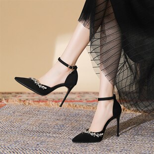 小码313233黑色n高跟凉鞋女细跟水钻一字带气质高跟鞋夏大码41一4