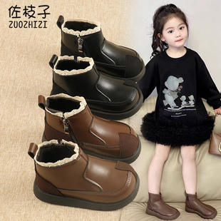 儿童皮靴女童加绒二棉短靴2024秋冬新款宝宝防滑软底马丁靴公主鞋