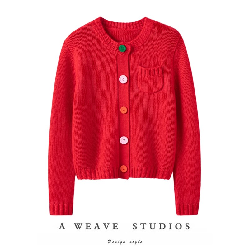 一步一气质!彩色扣子加厚100%纯羊绒开衫女短款毛衣针织外套