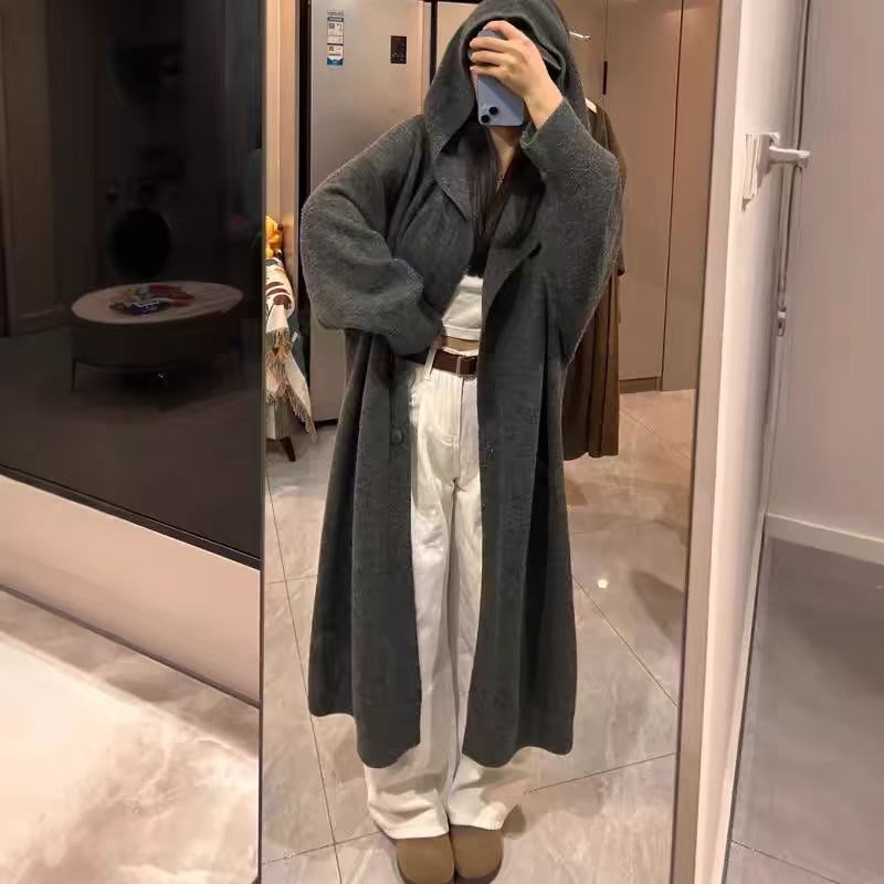 2025早春新款灰色连帽毛衣开衫外套女中长款韩系慵懒宽松长款大衣