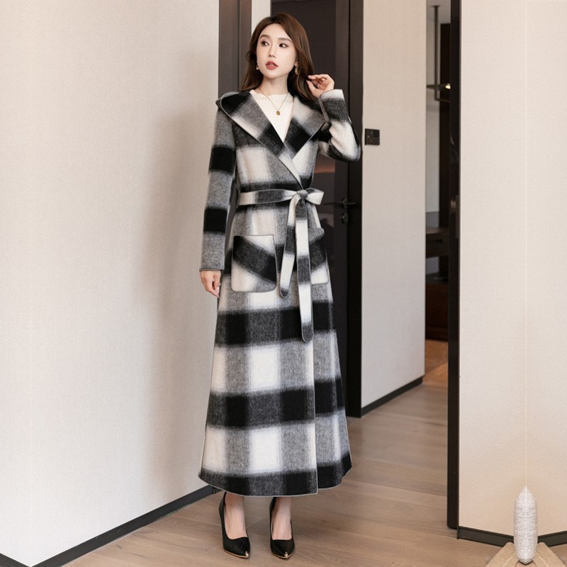 羊绒大衣女2025秋冬新款双面超长款过膝连帽宽松羊毛呢外套高级感