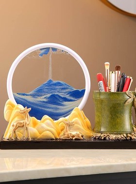 流沙画沙漏笔筒学生办公室书房文具收纳现代时尚摆件送礼装饰品
