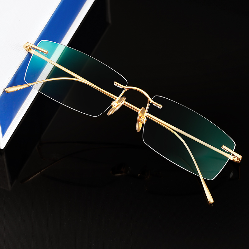 无框近视眼镜男纯钛 商务镜框金色眼镜架超轻 银色无边框可配变色