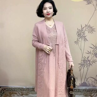 妈妈冰麻针织连衣裙女宽松大码长款重工婚宴单穿打底毛衣裙长袖V