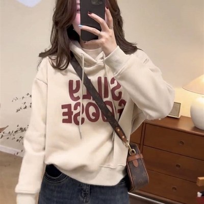短款连帽加厚加绒卫衣女款秋冬季2023新款爆款时尚洋派宽松上衣女