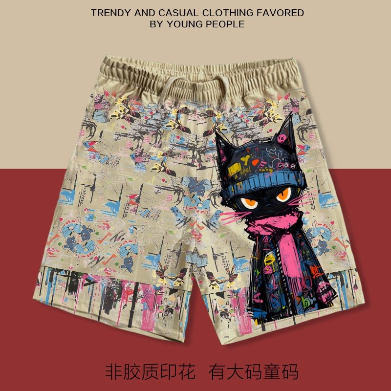 美式涂鸦猫多巴胺短裤男女印花卡通夏季宽松休闲沙滩裤大码五分裤,男装,短裤,淘宝优惠券,粉丝福利购,淘宝优惠卷