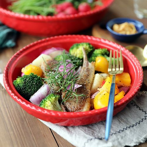 朗汀披萨烤盘陶瓷烤箱红色盘子烘焙沙拉盘家用芝士焗饭烤盘菜盘