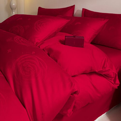 A类轻奢大红色结婚l庆喜庆全棉纯棉四件套玫瑰提花被套1.8床上用