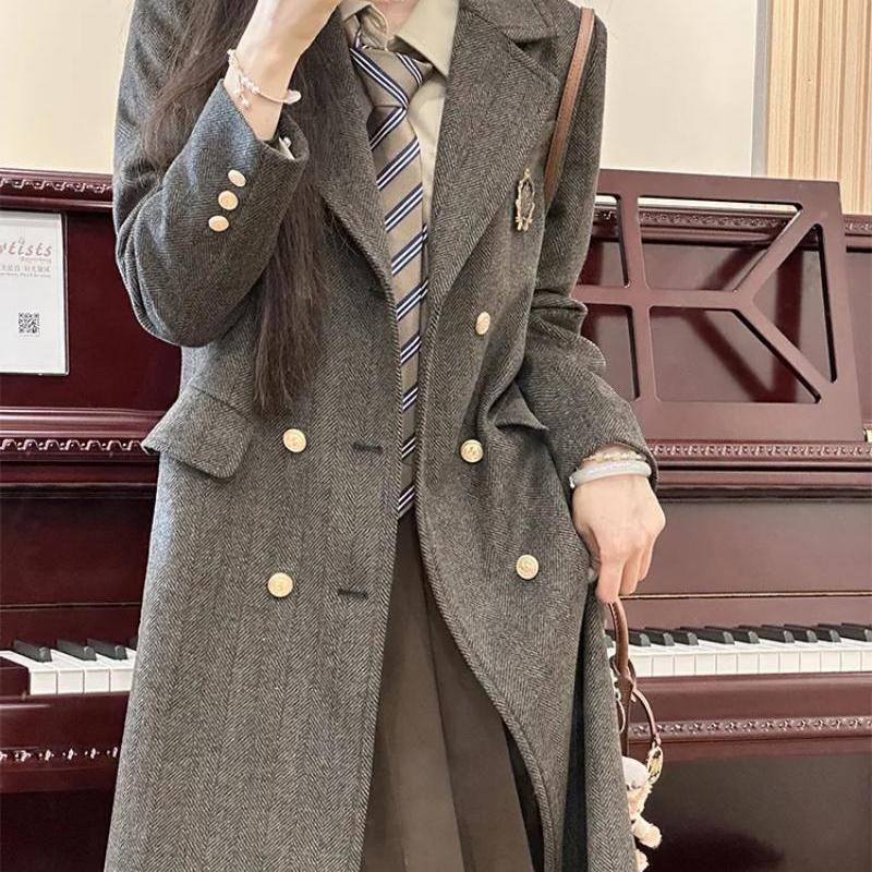 学院风过膝西装大衣女秋冬季灰色高级感中长款复古双排扣长袖外套