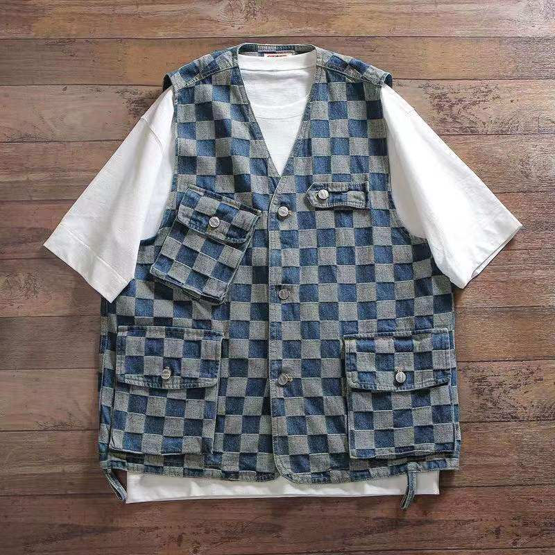 日系多口袋工装格子马甲男潮牌宽松大码背心机能无袖坎肩休闲外套,男装,常规马甲,淘宝优惠券,粉丝福利购,淘宝优惠卷
