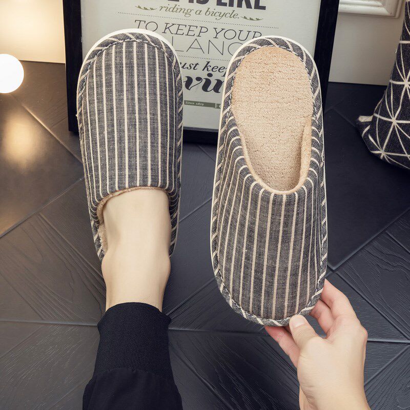 秋冬简约条纹棉麻拖鞋男家居家用女室内防滑软底平底地板布艺拖鞋