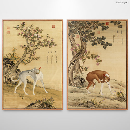 郎世宁十骏犬图名犬招财旺财狗挂画新中式装饰画走廊过道竖版壁画