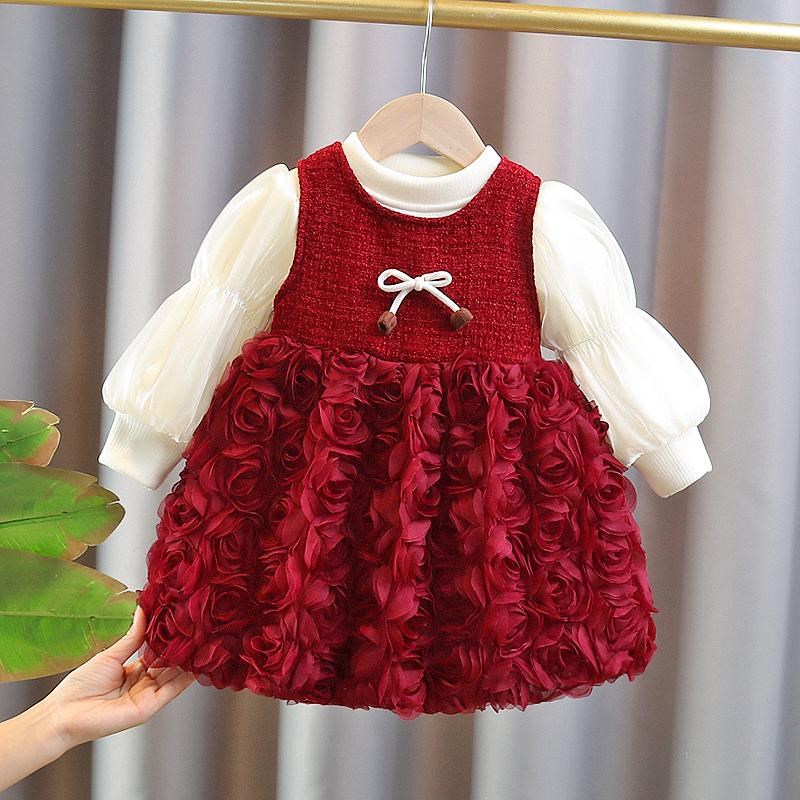 女童加绒连衣裙子女宝宝周岁礼服秋冬季婴儿童过年立体花朵公主裙
