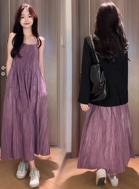 孕妇连衣裙春g秋季新款简约紫色吊带连衣裙+黑色西装外套两件套装