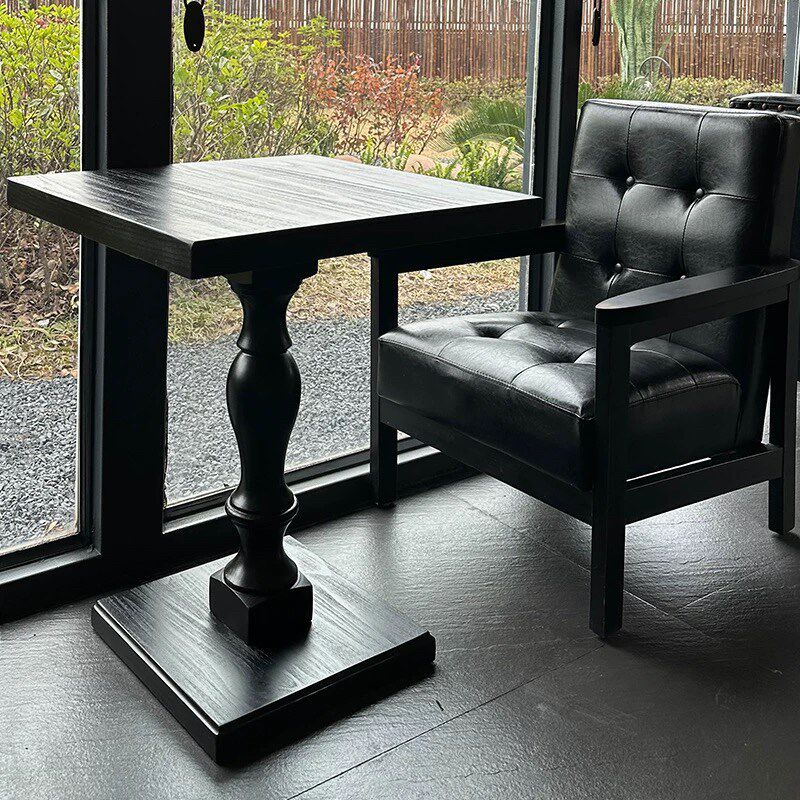 四人餐桌黑色纯实木中古圆形咖啡桌洽谈木质美式小方桌酒店边几