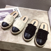 包头J平底凉拖鞋 网红懒人半拖鞋 女帆布厚底外穿夏季 休闲草编渔夫