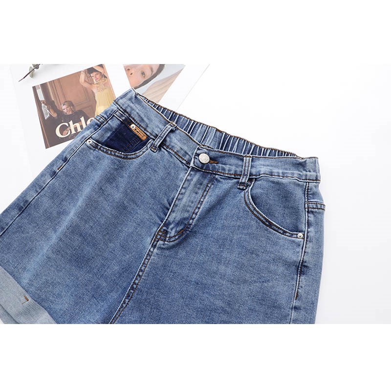 弹力卷边牛仔短裤女胖mm显瘦宽松阔腿裤高腰时尚蓝色打底裤热裤韩