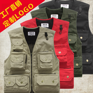 帆布摄影马甲男款多口袋钓鱼工作服装记者坎肩背心马夹定制印LOGO