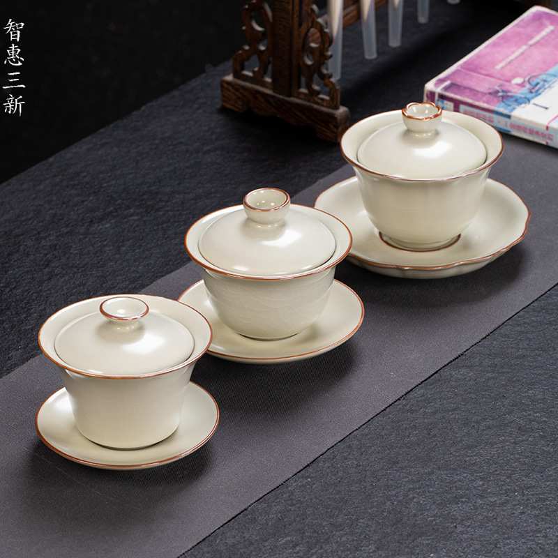 茶具汝窑三才盖碗金丝开片可养盖碗汝瓷茶杯家用防烫陶瓷茶碗