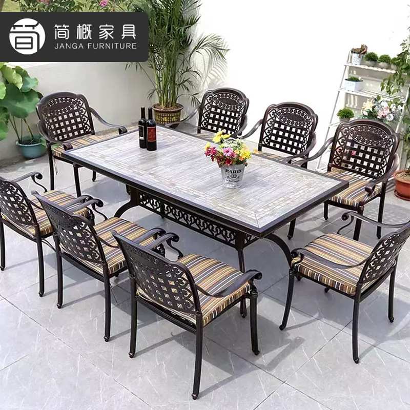 户外别墅阳台铸铝长桌休闲庭院花园瓷砖拼花桌防水防晒全铝圆桌椅