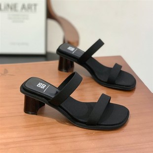 女外穿时尚 仙女风粗跟一字拖鞋 百搭6CM小个子凉拖 爆款 2025年夏季