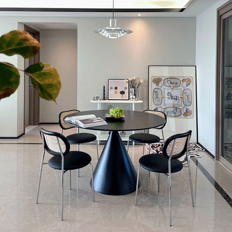 法式轻奢藤编中古餐椅家s用意式黑色餐桌椅复古极简风单人简约凳