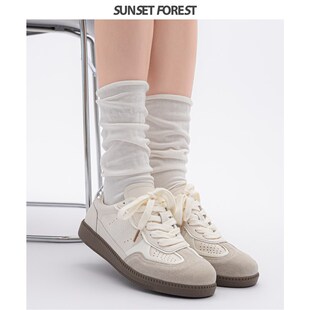 落日森林百搭真皮小白鞋女款德训y鞋2024夏季新款透气平底休闲板