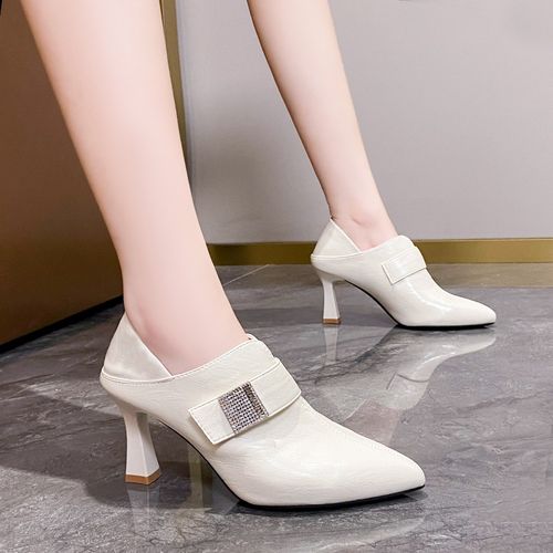 细跟高跟鞋女2025年春秋新款尖头百搭软皮深口鞋单鞋水钻气质裸靴