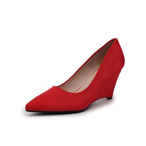 坡跟单鞋女工作鞋子2025新款春秋女鞋韩版绒面百搭浅口7CM高跟鞋